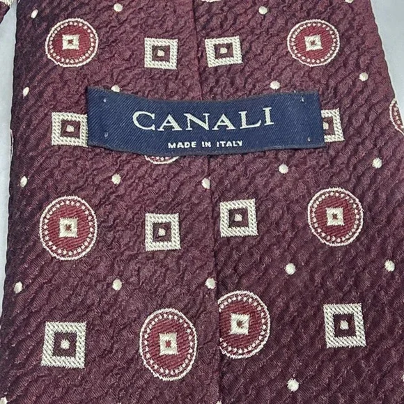 Canali Tie 100% Silk Maroon Geometric Print 4in Mens Handmade In Italy - Picture 4 of 7